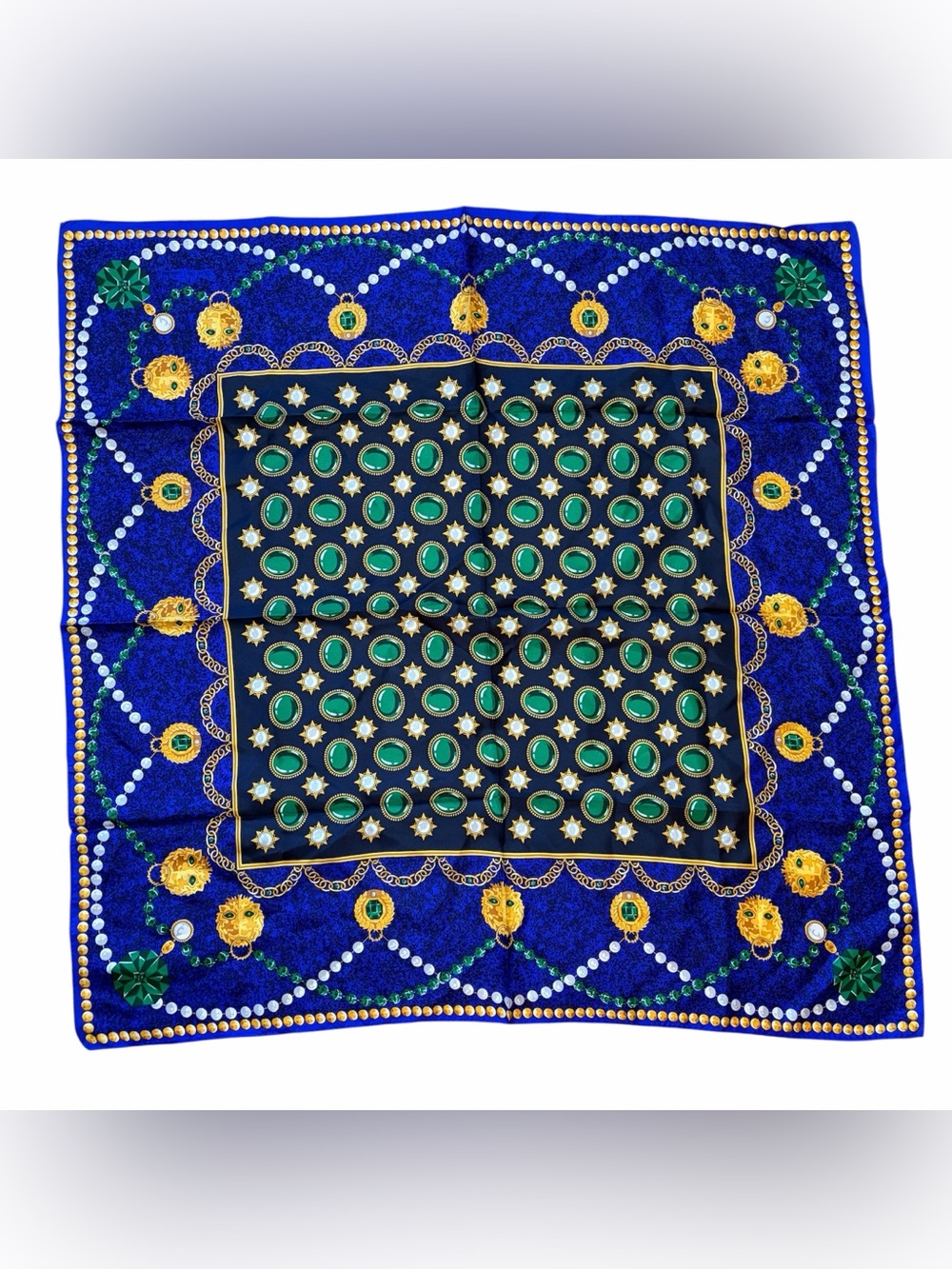 Estate DVF Diane Von Furstenberg Green Jewels Cabachon 30" Silk Scarf Royal Blue
